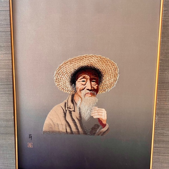 Rare Mid Century EmbroideredJapanese Ushida Silk portrait.